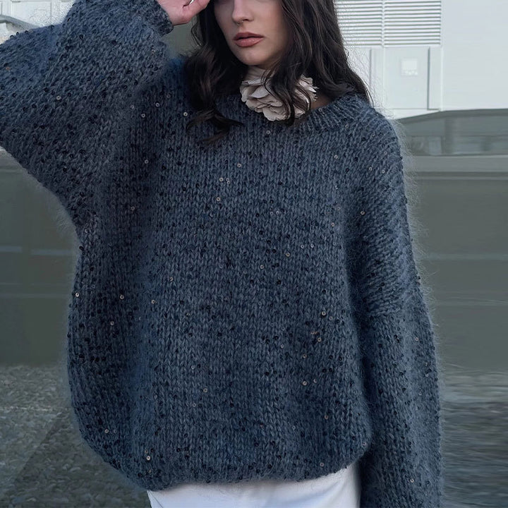 Damen Glitzernder Strickpullover mit Puffärmeln Drune