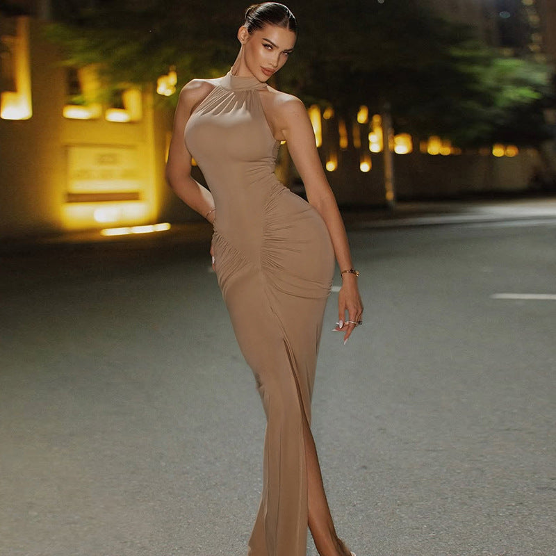 Damen Elegantes Langkleid mit Choker-Ausschnitt und Raffungen Drune