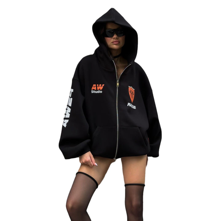 Damen oversized Kapuzenjacke mit grafischem Racing-Design Drune