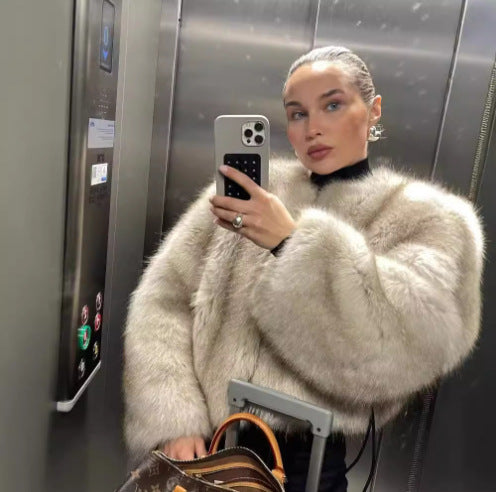 Damen extravagante Kurzarm-Felljacke mit voluminösen Ärmeln Drune