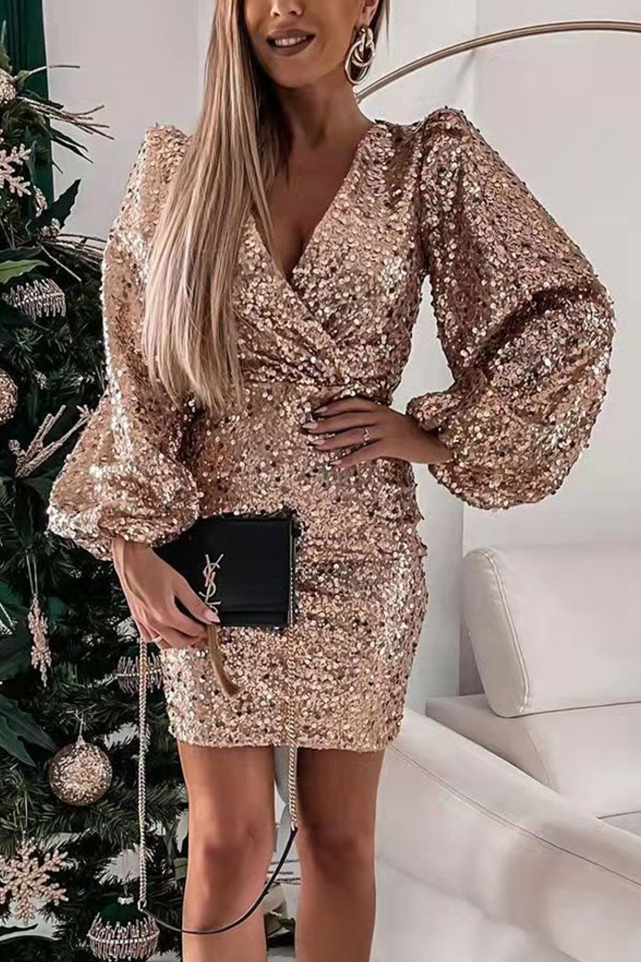 Damen Glitzerndes Minikleid mit Ballonärmel und Wickeloptik Drune
