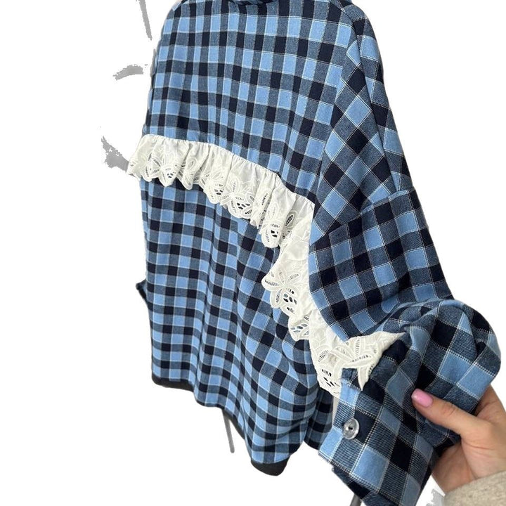 Damen Oversize Karoshirt mit romantischem Spitzenbesatz Drune