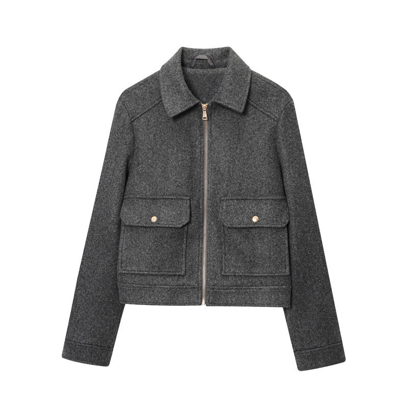 Damen nan kurze taillierte Tweedjacke mit durchgehendem Reißverschluss, aufgesetzten Pattentaschen und Kentkragen Drune