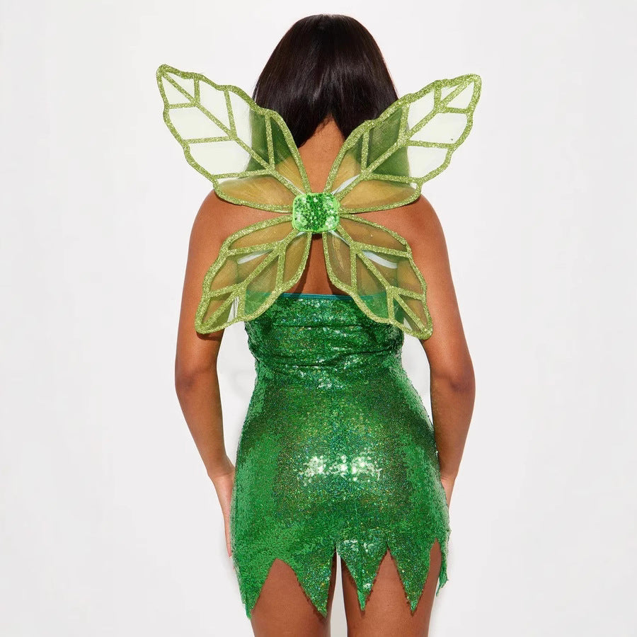 Damen Funkelndes Feenkleid mit schulterfreiem Schnitt und transparenten Flügeln Drune