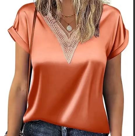 Damen Satin Bluse mit elegantem V-Ausschnitt und raffinierten Spitzenakzenten Drune