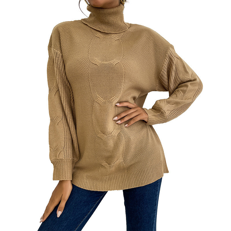 Damen modischer Pullover im groben Strickdesign mit hohen Kragen Drune