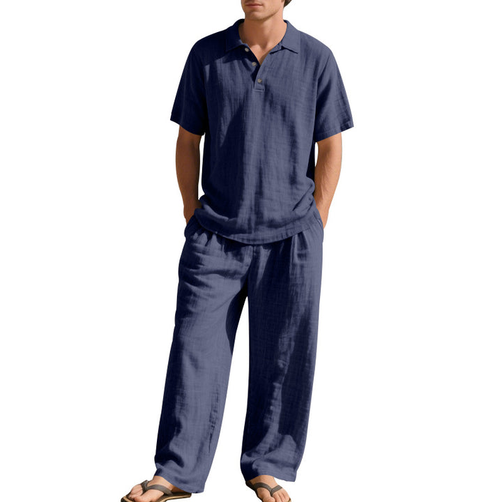 Herren nan luftiges Leinen-Ensemble mit Polokragen und regulierbarer Bundhose Drune