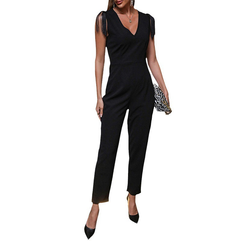 Damen eleganter Jumpsuit mit Fransenärmeln und figurbetontem Schnitt Drune