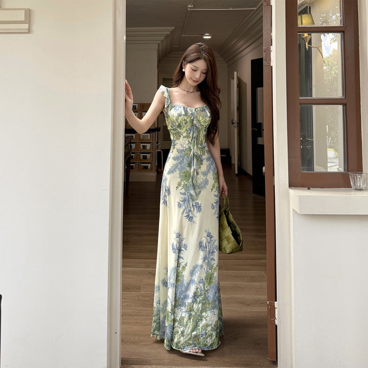 Damen Kleid mit floralem Rüschendesign und figurbetontem Schnitt Drune