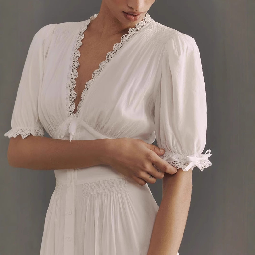 Damen elegantes Midi-Kleid mit Puffärmeln und Knopfleiste Drune