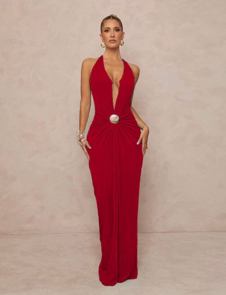 Damen Glamouröses Abendkleid mit tiefem V-Ausschnitt und eleganter Drapierung Drune