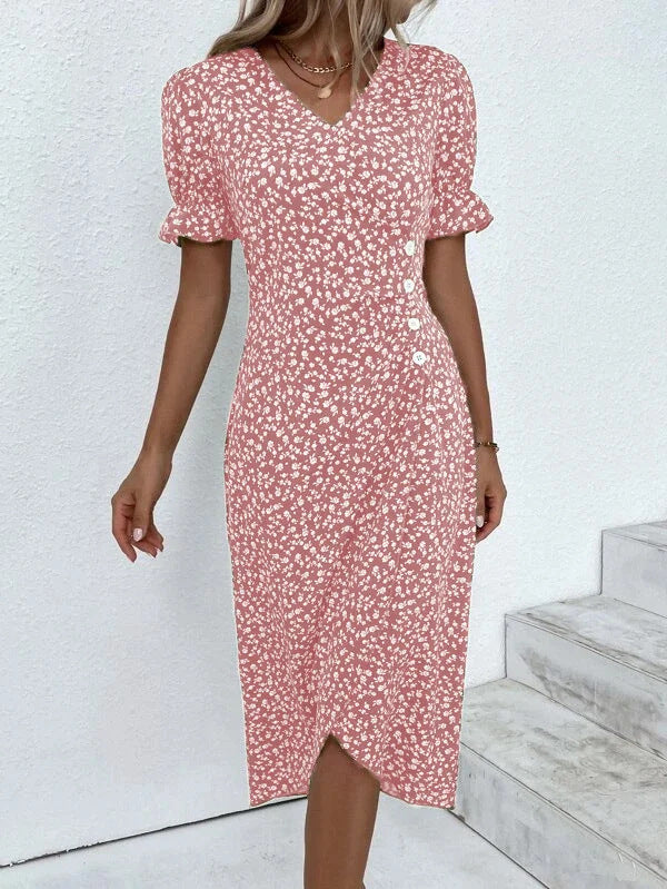 Damen Midikleid mit floralen Mustern und schmeichelndem V-Ausschnitt Drune