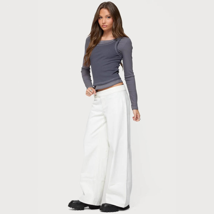 Damen Langarm-Crop-Top mit modischem Farbkontrast und nahtloser Verarbeitung Drune