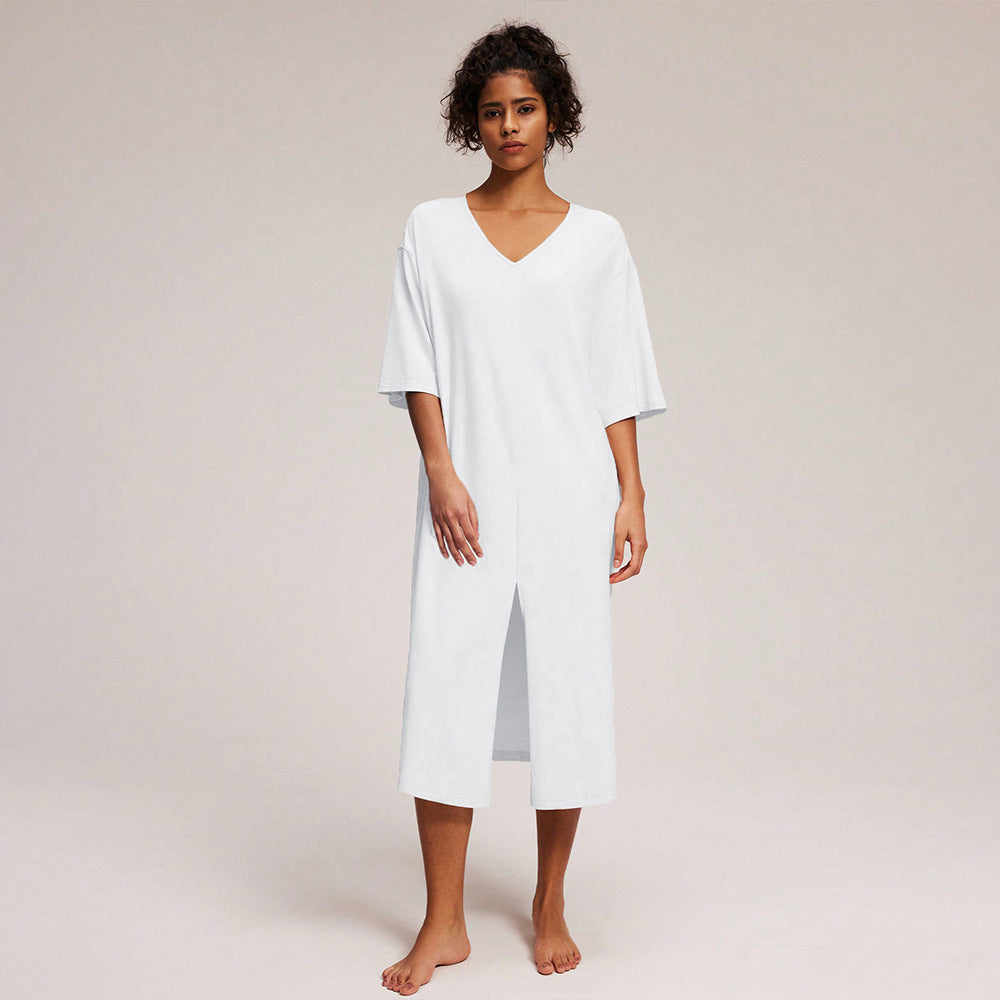 Damen lässiges Midikleid mit tiefem V-Ausschnitt und seitlichem Schlitz Drune