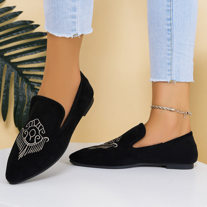 Damen nan bestickte Wildlederoptik-Slipper mit spitzer Leistenform und flacher rutschfester Gummisohle Drune