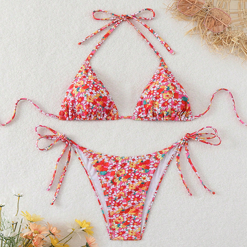Damen Triangel-Bikini mit verspieltem Blumendesign und verstellbaren Bindebändern Drune