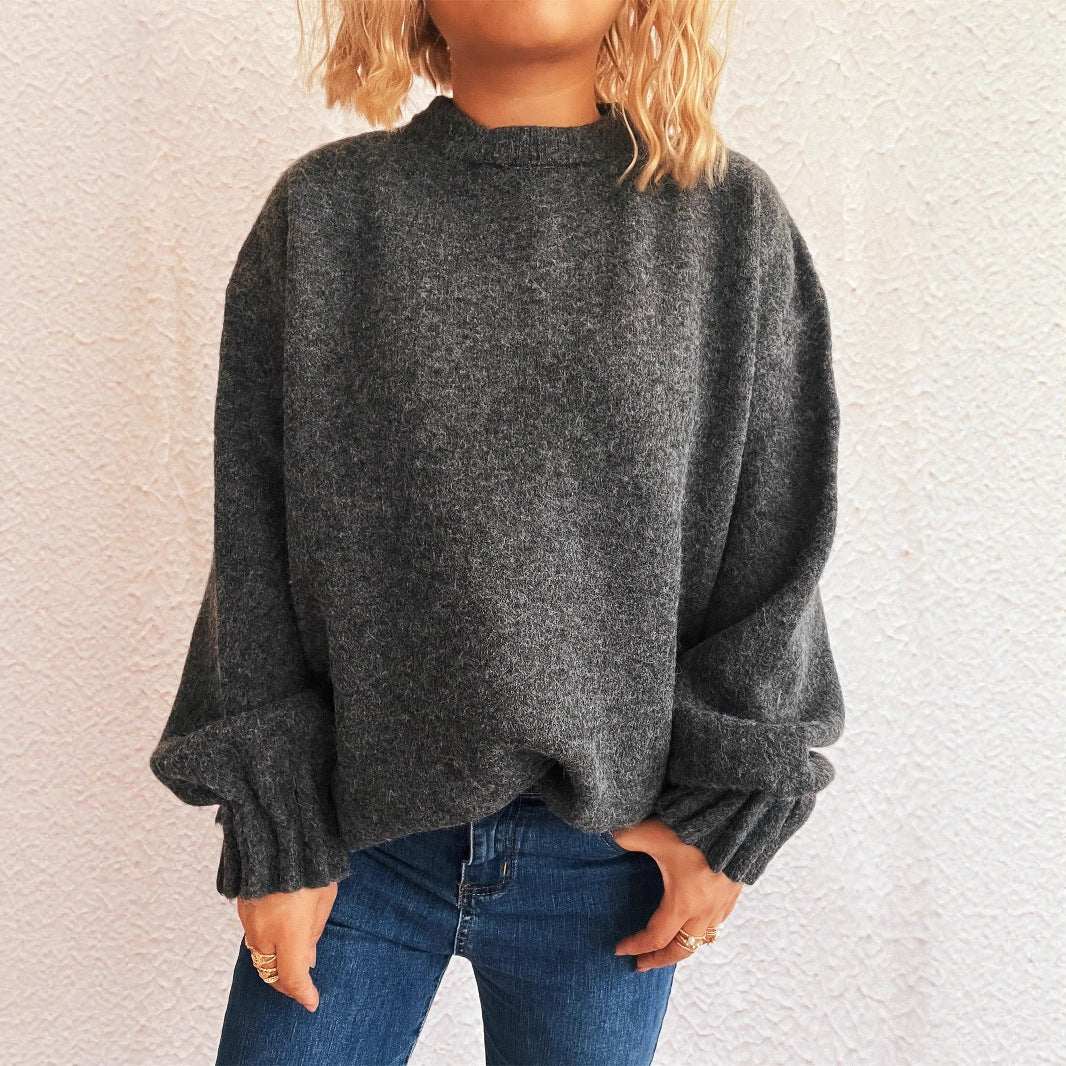 Damen lässiger Strickpullover mit weitem Rundhalsausschnitt und fluffiger Textur Drune