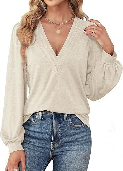 Damen elegantes Oberteil mit V-Ausschnitt und Puffärmeln Drune
