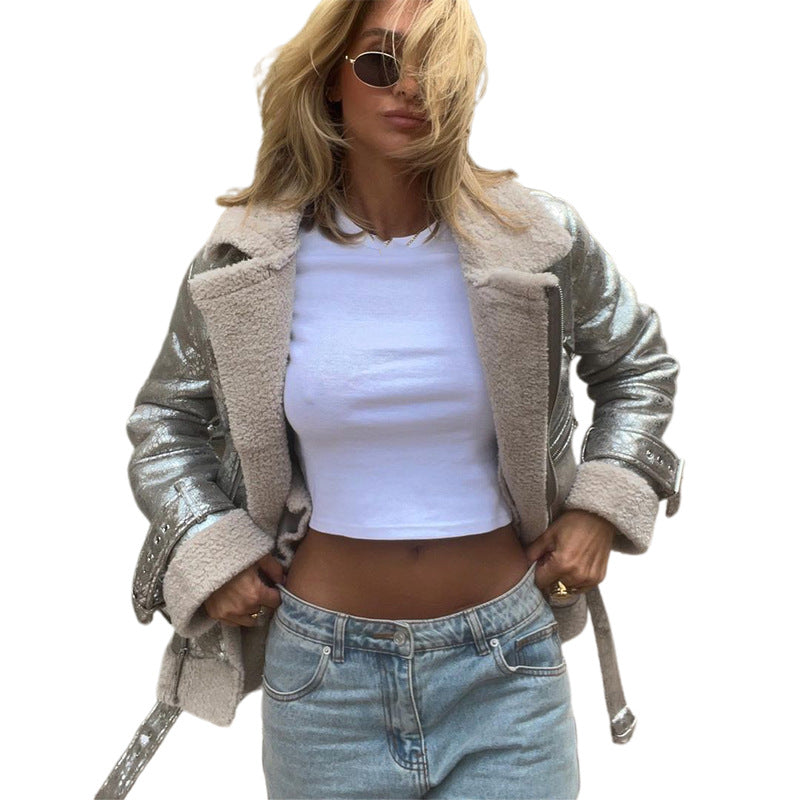 Damen Modische Übergangsjacke mit luxuriösem Kunstfellbesatz und glänzender Oberfläche Drune