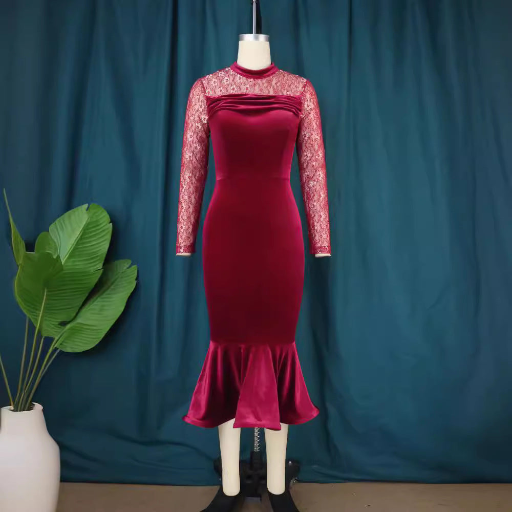 Damen Elegant Fit-and-Flare Kleid mit Spitzenärmeln Drune
