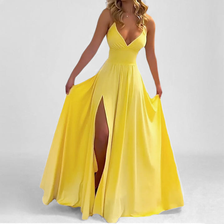 Damen Maxikleid mit tiefem V-Ausschnitt und figurbetontem Oberteil Drune