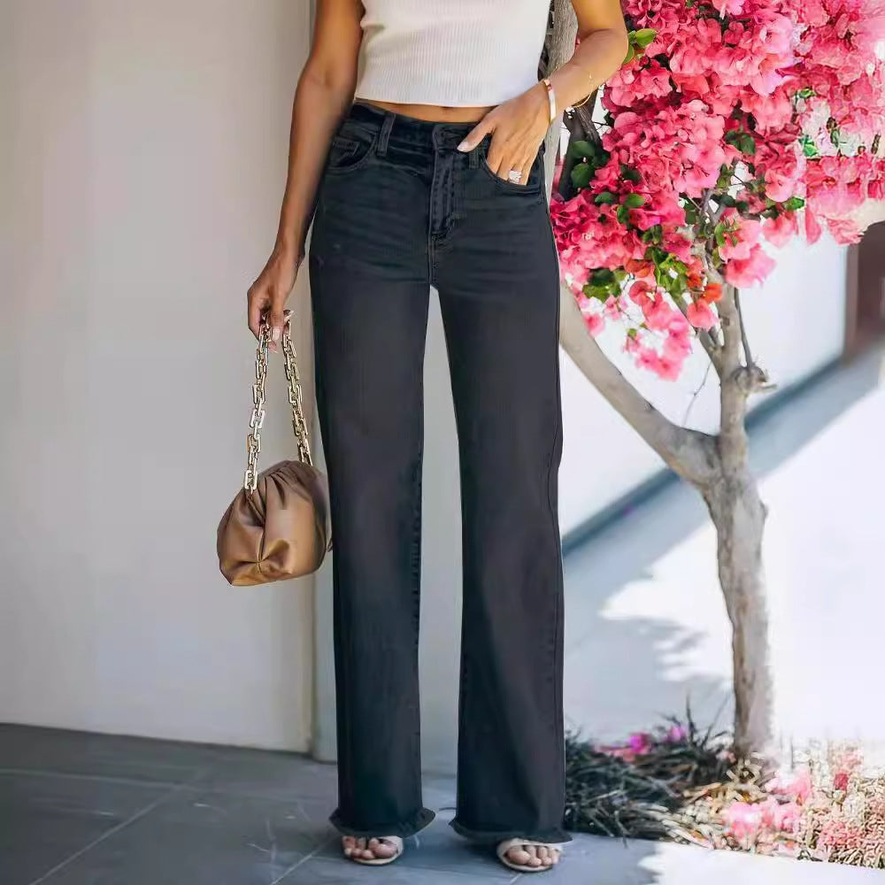 Damen weiter geschnittene Jeans mit fransigem Saum Drune