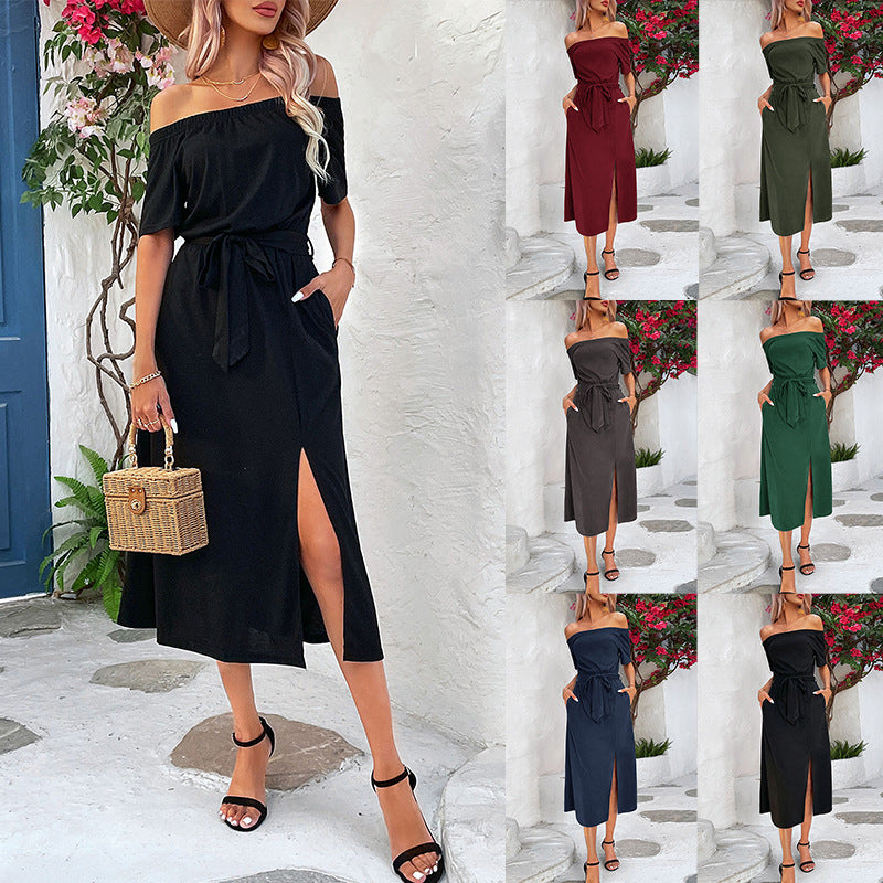 Damen Off-Shoulder Maxikleid mit elegantem Schlitz und Taillengürtel Drune