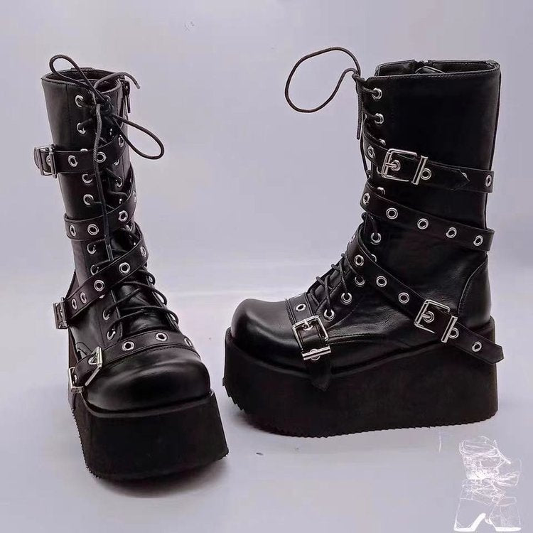Damen nan hochschaftige Gothic Plateau-Boots mit mehrfachen Metallschnallen, Ösen und seitlichem Reißverschluss Drune