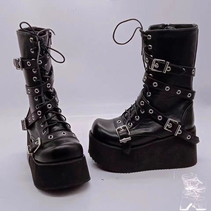 Damen nan hochschaftige Gothic Plateau-Boots mit mehrfachen Metallschnallen, Ösen und seitlichem Reißverschluss Drune