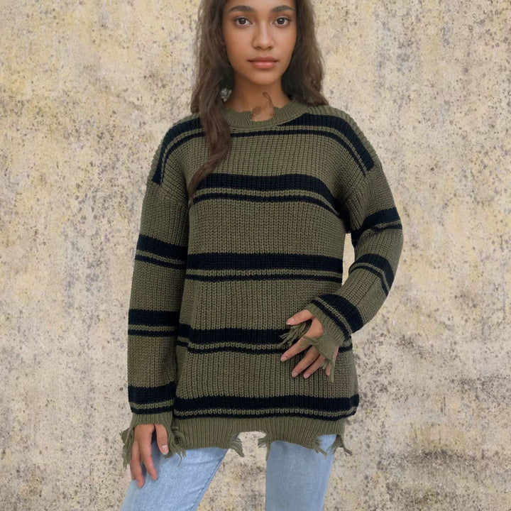 Drune | Pullover Pullover Übergröße Fit Gestrickte Wolle Kontraststreifen Fransen Saum