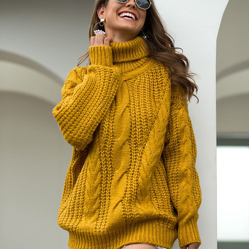 Damen Grobstrick-Pullover mit hohem Kragen und Zopfmuster Drune