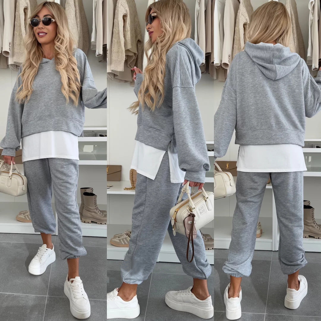 Damen Sportliches und modisches Hoodie-Set mit cropped Schnitt und bequemen Hosen Drune