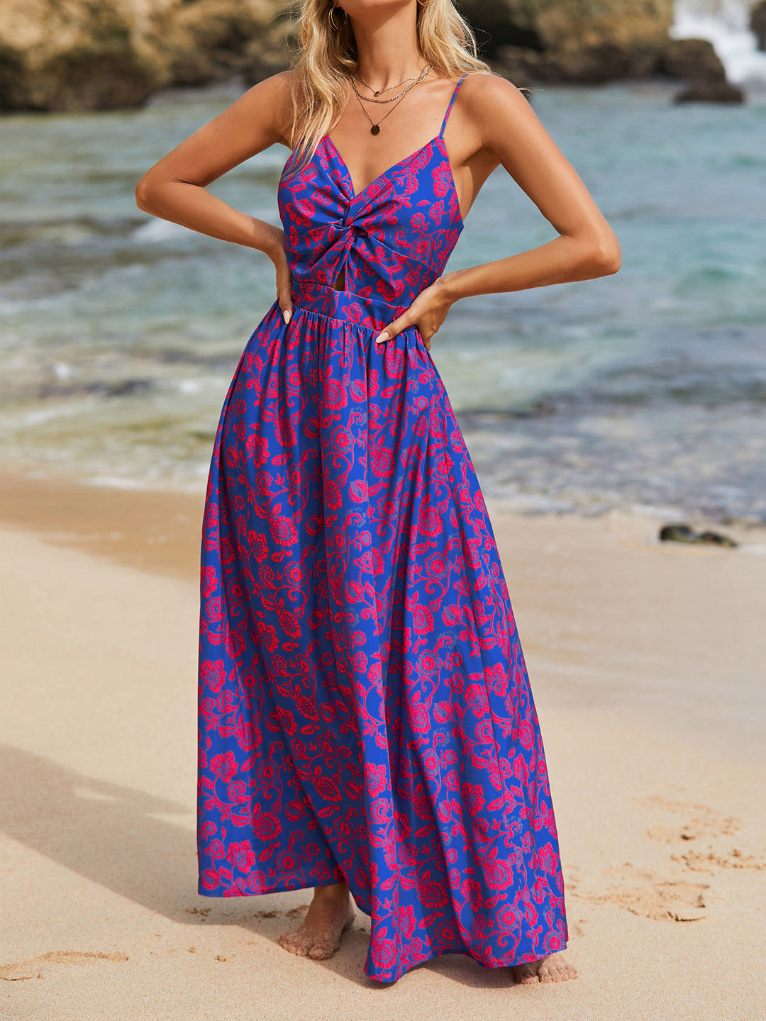Damen Maxikleid mit raffiniertem Knotendetail und floralen Designelementen Drune