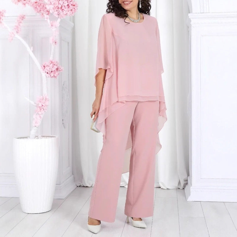 Damen Schicke Tunika mit Transparenter Überlagerung und Eleganten Pants Drune