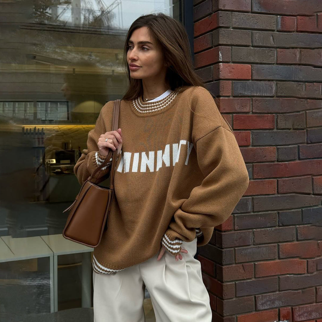 Damen Oversized Strickpullover mit grafischem Schriftzug Drune