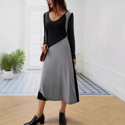Damen figurbetontes Langarm-Kleid mit modernem Schnitt und Farbeinteilungen Drune