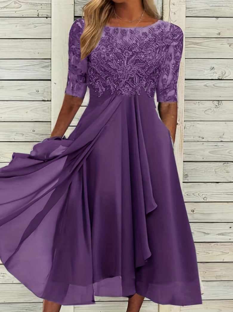 Damen nan elegantes Cocktailkleid mit bestickter Korsage, U-Boot-Ausschnitt und fließendem Chiffonrock Drune