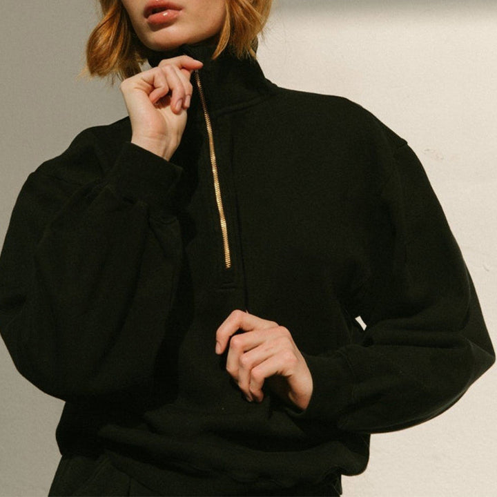 Damen lässiger Zip-Pullover mit hohem Kragen und weitem Schnitt Drune