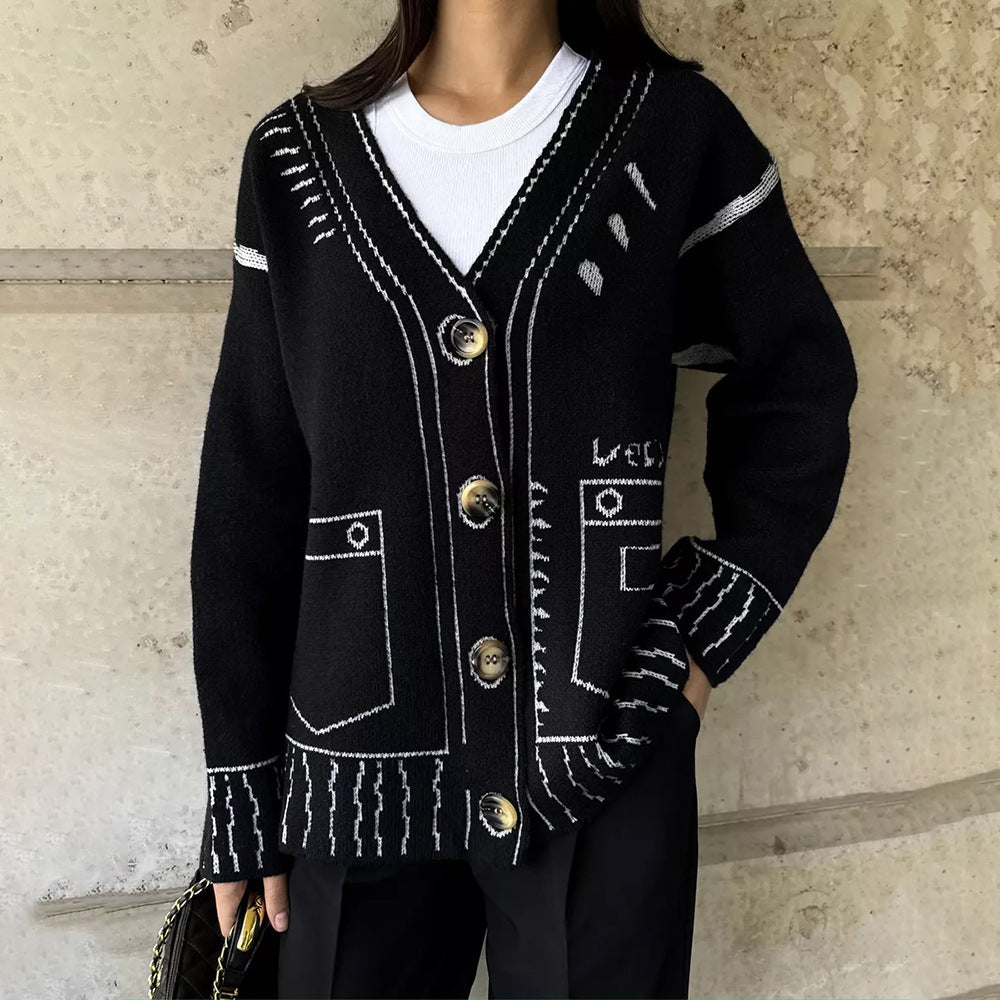 Damen Strickjacke mit künstlerischem Muster und praktischen Knopfdetails Drune