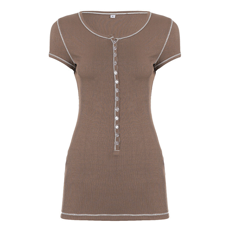 Damen figurbetontes Kurzarmshirt mit Knopfdetails Drune