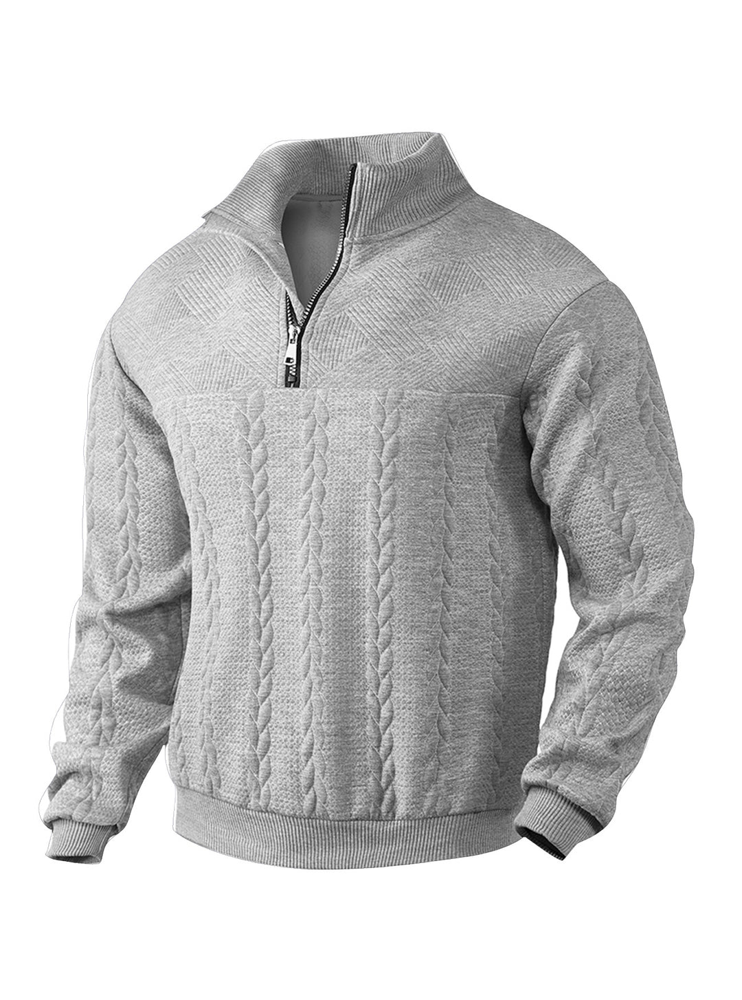 Herren nan texturierter Strickpullover mit Halbzip, geflochtenem Zopfmuster und hohem Stehkragen Drune