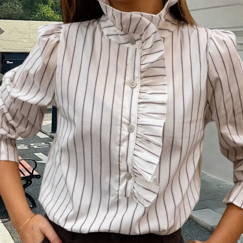 Damen Bluse mit edlem Rüschendesign und gestreiftem Muster Drune