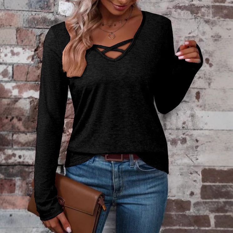 Damen langärmliges Shirt mit Kreuz-Ausschnitt Drune