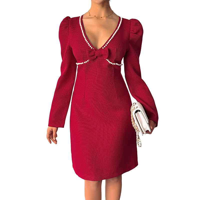 Damen figurbetontes Kleid mit eleganter Schleife Drune
