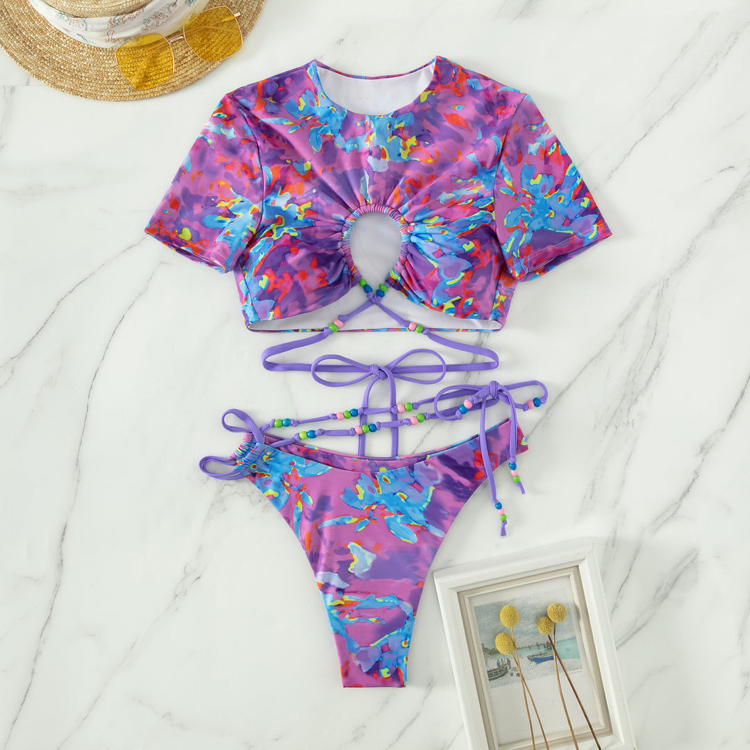 Damen Crop-Top Bikini-Set mit kreativem Schnitt und farbenfrohen Akzenten Drune