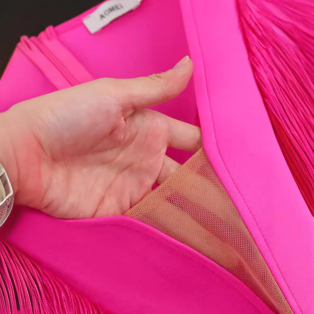 Damen figurbetontes Abendkleid mit Fransen und tiefem V-Ausschnitt Drune