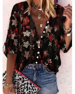 Damen Transparente Bluse mit floralen Stickereien und übergroßem Schnitt Drune