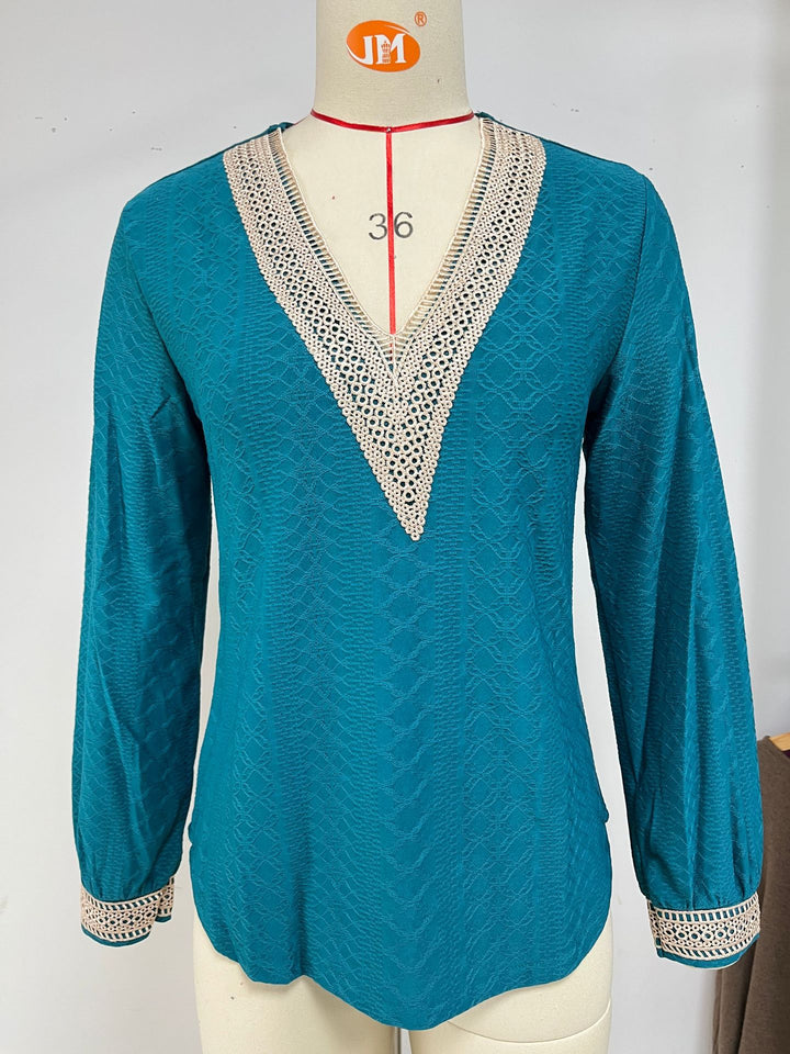 Damen Langarm Blusenshirt mit dekorativem V-Ausschnitt und Häkelelementen Drune