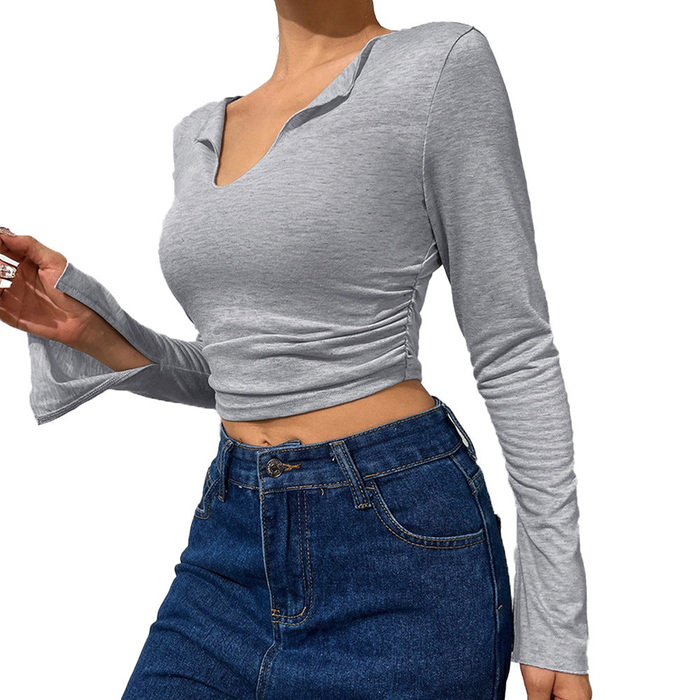 Damen Cropped Langarmshirt mit modischen Trompetenärmeln und elegantem V-Ausschnitt Drune