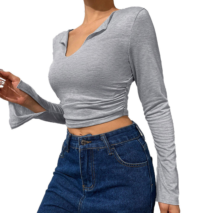 Damen Cropped Langarmshirt mit modischen Trompetenärmeln und elegantem V-Ausschnitt Drune